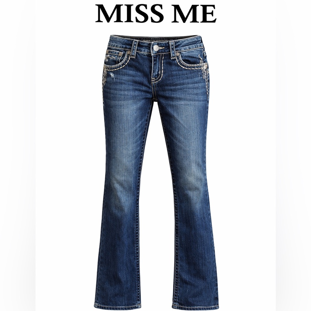 Miss Me Mid-Rise Signature Boot Cut "JS5014B96" Dark Wash Embellished Flap Pock